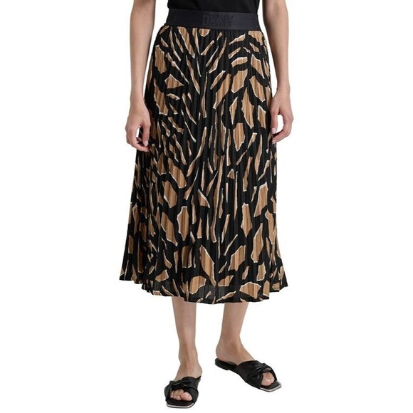 DKNY Women's Pull-On Printed Pleated Midi Skirt Black Brown L - Picture 5 of 10